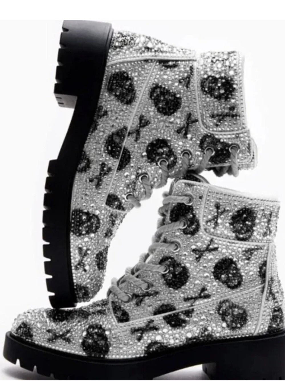 Betsey Johnson Studded Black & Silver Skull Combat Boots - Women 11M